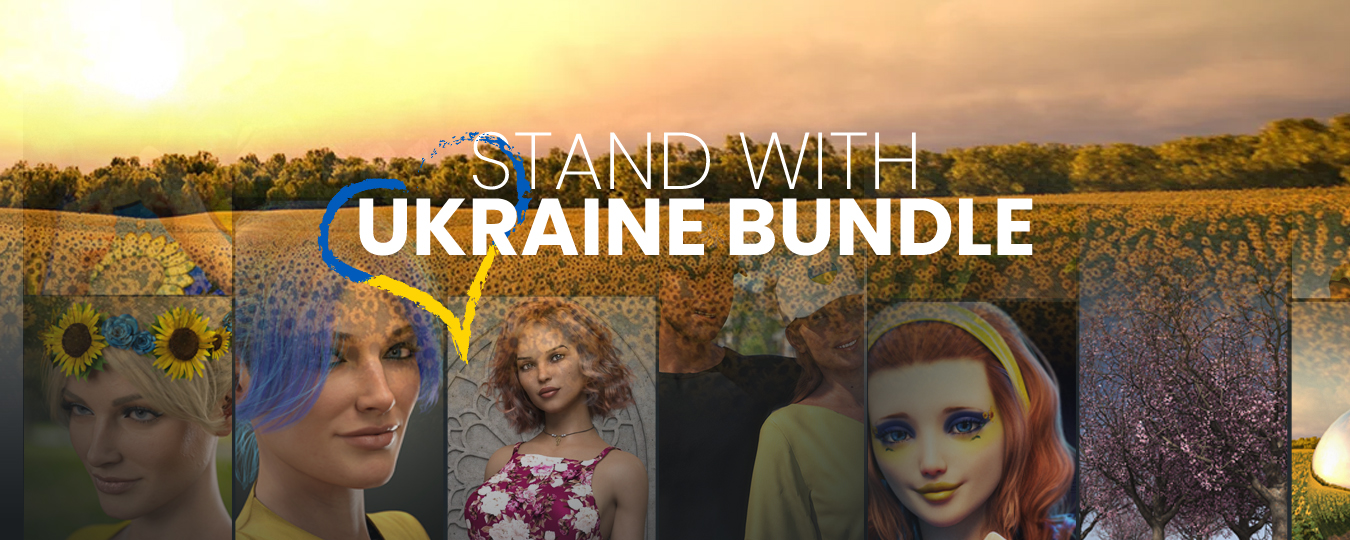 the words "Stand With Ukraine Bundle" over a render of a sunflower field and other items included in the bundle